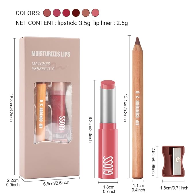 Erinde 2pcs Lip Liner and Lipstick Combo Set, Matte Lipliner Pencil & Hydrating Lip Gloss Makeup Kits for Women, Waterproof, Long Lasting, Highly Pigmented, Nude Brown Natural Lipstick, 01