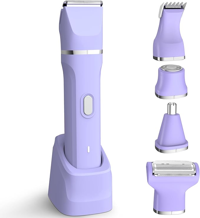 KINGTEE 5-in-1 Electric Bikini Trimmer for Women β IPX7 Waterproof Shaver, Cordless Body & Facial Razors for Women, Ceramic Blades, USB-C Rechargeable, Painless Hair Removal Kit (Purple)