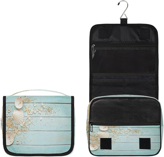 Hanging Travel Toiletry Bag for Women Men Teal Wooden Waterproof Makeup Bag Beach Starfish Portable Cosmetic Bag Travel Essentials for Traveling Accessories Toiletries Bathroom Shower