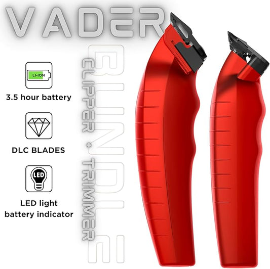 Supreme Trimmer 2-in-1 Vader Clipper & Trimmer Kit | Cordless Beard Trimmer & Mens Clippers Set for Barbers or Home | with DLC Coated Blades | Red