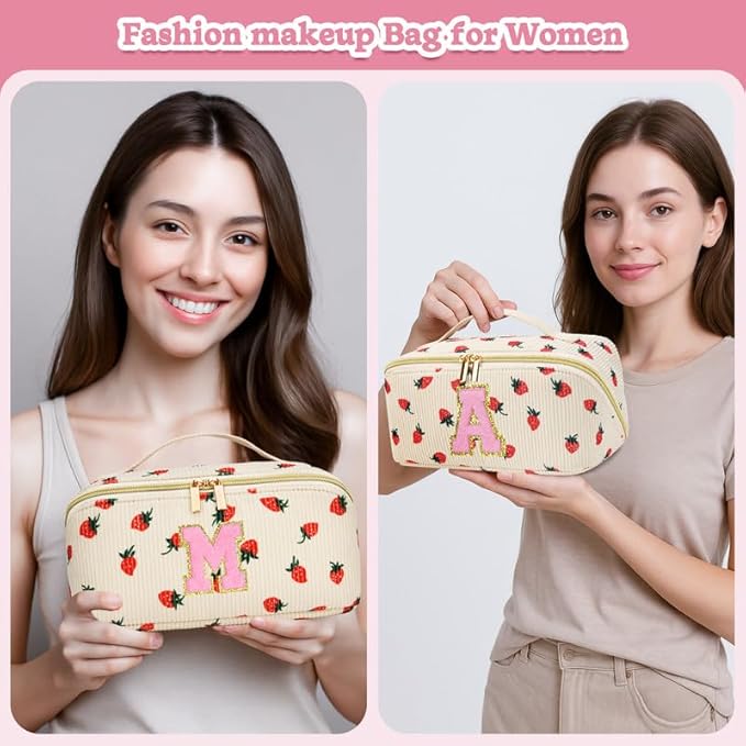 Personalized Travel Makeup Bag Set,Initial Travel Strawberry Makeup Organizer Bag,Toiletry Skincare Cosmetic Bag,Christmas Gifts for Women/Girls,Open Flat Toiletry Pouch with Brush Pocket-K
