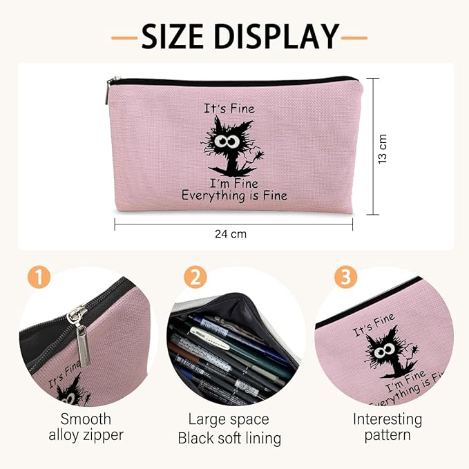 Black Cat Makeup Bag - Funny 'I'm Fine' Cosmetic Bag, Pink Zipper Travel Toiletry Bag for Cat Lovers, Teen Girls & Cat Owners Gifts
