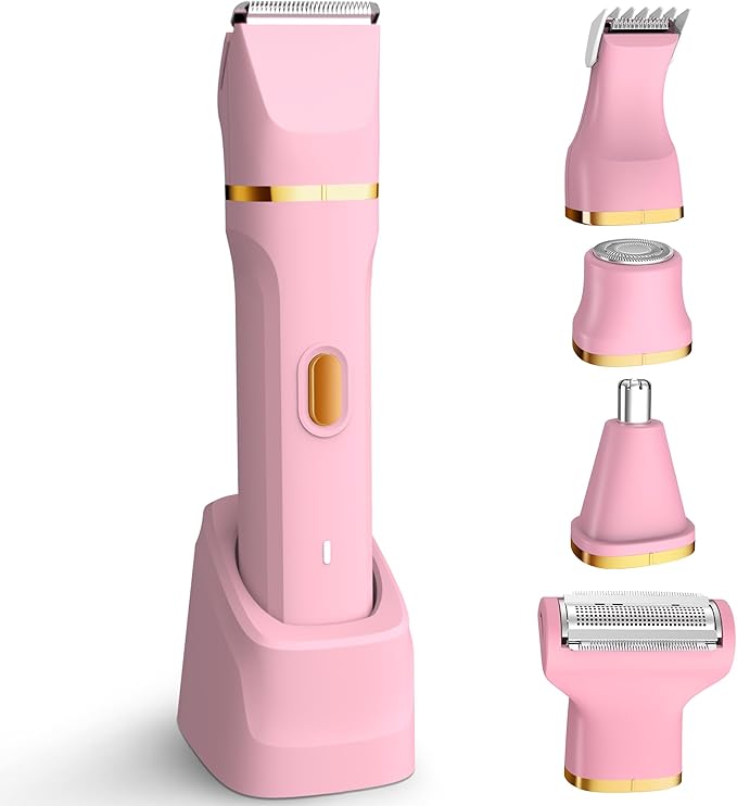 KINGTEE 5-in-1 Electric Bikini Trimmer for Women β IPX7 Waterproof Shaver, Cordless Body & Facial Razors for Women, Ceramic Blades, USB-C Rechargeable, Painless Hair Removal Kit (Pink)