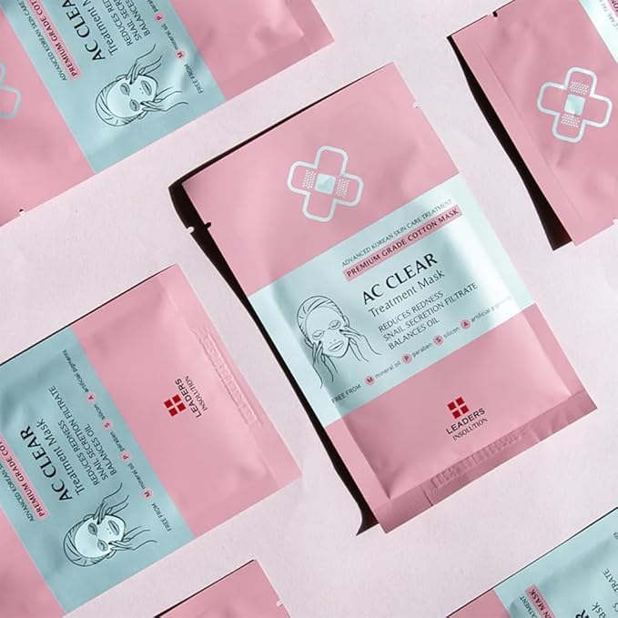 Leaders Insolution AC Clear Skin Clinic Mask | Snail Secretion & Tea Tree Oil for Acne, Redness, Oil Control | 100% Cotton Bemliese Sheet | Balances & Soothes Sensitive Skin (10 Sheets)