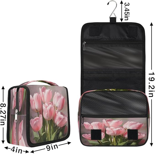 Travel Toiletry Bag for Women & Men Pink Flower Tulip Hanging Cosmetic Organizer Portable Waterproof Makeup Case Make Up Bag with Compartments Travel Essentials for Bathroom Shower