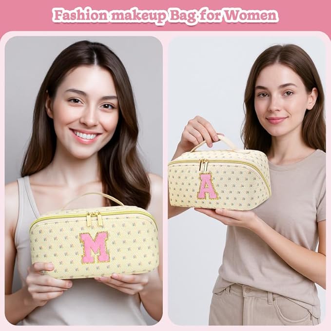 Personalized Travel Makeup Bag Set,Initial Travel Cute Floral Makeup Organizer Bag,Toiletry Skincare Cosmetic Bag,Christmas Gifts for Women/Girls,Open Flat Toiletry Pouch with Brush Pocket-P