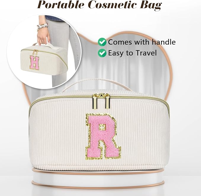 Personalized Initial Makeup Bag,Christmas Gifts for Girl,Preppy Bag Cosmetic Travel Bag Women,Travel Toiletry Organizer,Large Capacity Corduroy Stuff Bag,Cute Cosmetic Pouch Skincare Bag-L