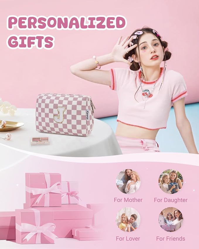 Narwey Birthday Gifts for Teen Girls Kids Women Personalized Initial Checkered Makeup Bag Pink Monogram Cosmetic Bag Trendy Stuff 6 8 10 11 12 13 14 16 18 Years Old Travel Toiletry Bag (Dusty Rose J)