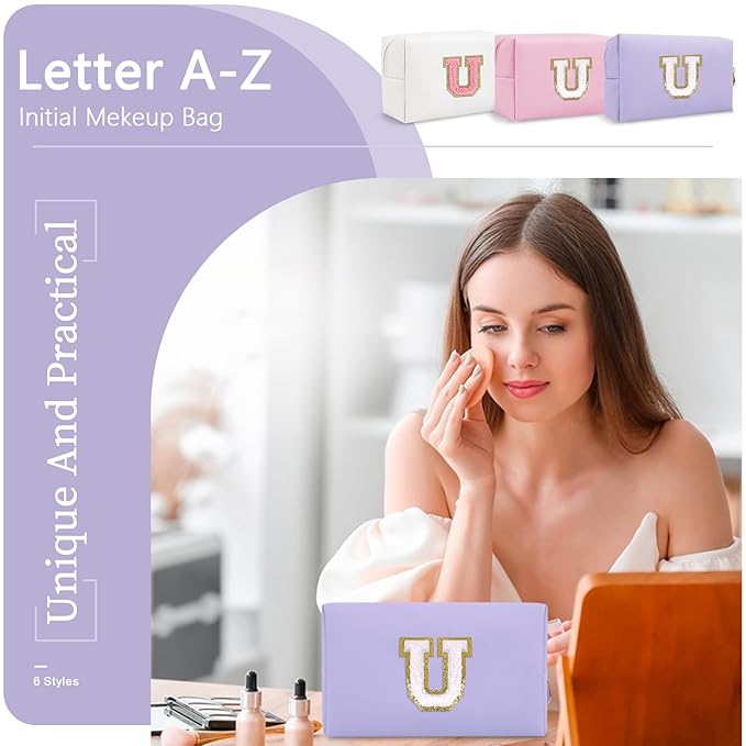 Personalized Makeup Bag Initial A-Z Preppy Patch Bag,Small PU Leather Travel Cosmetic Bag Pouch with Zipper,Purple Cute Toiletry Bag,Gift Ideal for Teen Girls Women Birthday Friend Mom,Latter U