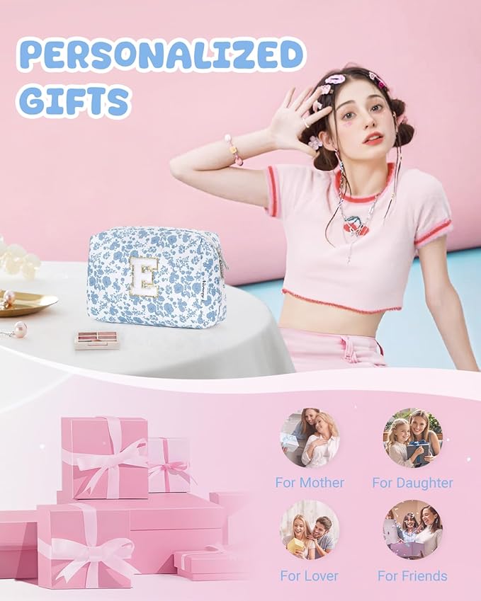 Narwey Birthday Gifts for Teen Girls Kids Women Personalized Initial Floral Makeup Bag Cute Cosmetic Trendy Stuff 6 8 10 11 12 13 14 16 18 Years Old Travel Toiletry Bag (Little Blue Flower E)