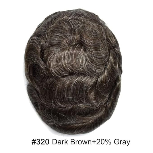 Toupee for Men French Lace Center Hairpieces Human Hair Replacement Systems Lace & Thin Skin Hair Piece Mens Toupee Hair Units for Man 8"X10" #320 3# DARK BROWN WITH 20% SYNTHETIC GREY