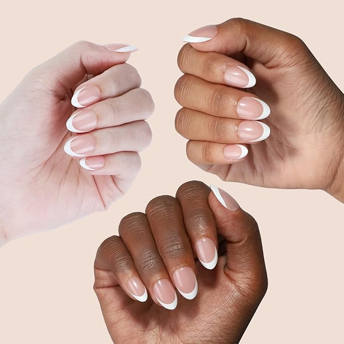 16 size white french tip almond press on nails for women,32 pcs super short petite oval nails with glue and stick ,nude french
