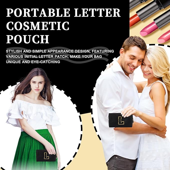 Personalized Initial Letter Patch Makeup Bag, Preppy Portable Chenille Letter Cosmetic Bag with Zipper, PU Leather Waterproof Travel Toiletry Bag Monogram Make Up Pouch for Women Girls(Letter L)