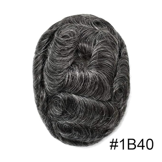 FACE MIRACLE Lace Front Mens Toupee Human Hair System Swiss Lace Center Toupee for Men Thin Skin PU Hair Replacement System V-Looped Mens Hair Wig 7"X9" #1B40 1B# OFF BLACK WITH 40% SYNTHETIC GREY