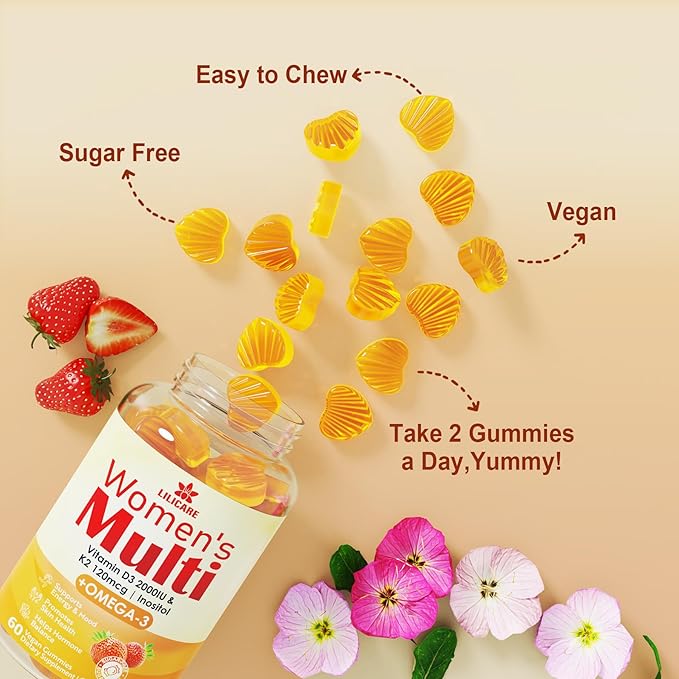 Womens Multivitamin Gummy with Omega 3(DHA/EPA), Vitamin D3 K2, Calcium, Inositol, Daily Womens Vitamin A C E B Complex, L-MethylFolate, Methyl B12,Sugar Free Methylated Multivitamins Minerals, 60Cts