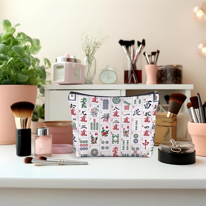 Chinoiserie Chinese Mahjong Tiles Makeup Bag, Mahjong Gifts Cosmetic Bags for Women, Gifts for Mah Jong Players Lovers Makeup Zipper Pouch