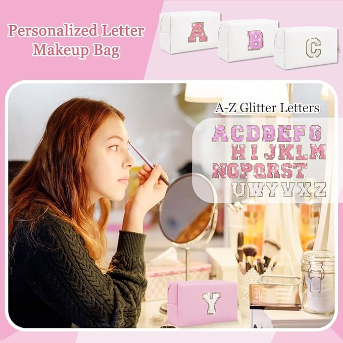 Small Personalized Glitter Initial Letter Makeup Bag, Cute PU Leather Chenille Letters Cosmetic Bag Travel Makeup Pouch, Preppy Travel Organizer Zipper Pouch for Women&Girls(Pink-Y)