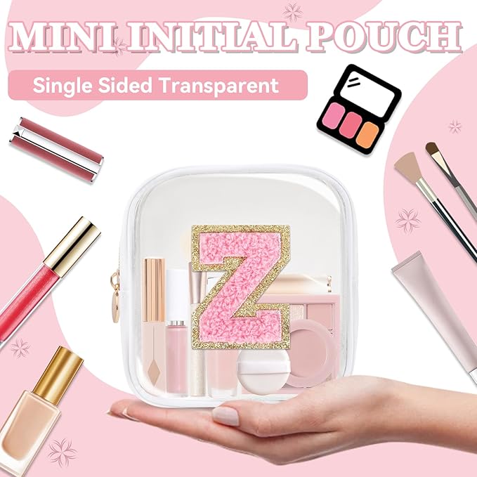 Iqimott Mini Clear Personalized Initial Makeup Bag, Small Preppy A-Z Chenille Letter Patch Cosmetic Pouch, Transparent PVC & Nylon Waterproof Zip Beach Toiletry Bag,Gift for Women Girls(White-Pink Z)