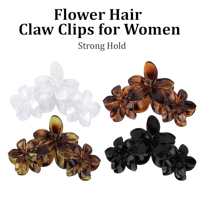 4Pcs Flower Hair Clips Large Matte Hair Claw for Women Non-Slip Strong Hold Clips for Thick Hair, Hair Accessories,Black,White,Leopard