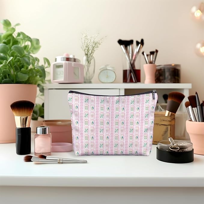 Pink Chinoiserie Mahjong Makeup Bag, Mahjong Gifts for Women Cosmetic Bags, Gifts for Mah Jong Players Lovers Makeup Zipper Pouch
