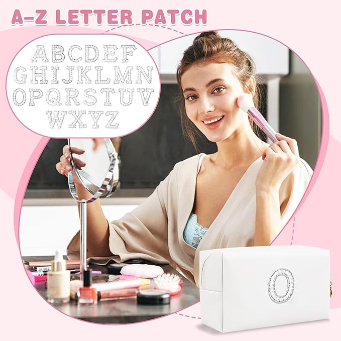 Bride Gifts – Personalized Initial Makeup Bag with Pearl Rhinestone Patch, Preppy White Monogram Cosmetic/Toiletry Pouch, bridesmaid Gifts, Bridal Shower Gifts, Wedding Gifts, Bridal Gifts,O