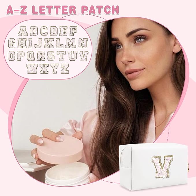 Small Initial Patch Makeup Bag Personalized Gifts Make Up Bag,White Cute PU Leather Glitter Letter Cosmetic Bag with Zipper,Trendy Portable Travel Toiletry Pouch,Preppy Stuff for Teen Girls Women V