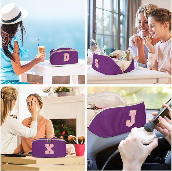 Personalized Initial Makeup Bag,Christmas Gifts for Girl,Preppy Bag Cosmetic Travel Bag Women,Travel Toiletry Organizer,Large Capacity Corduroy Stuff Bag,Cute Cosmetic Pouch Skincare Bag-X