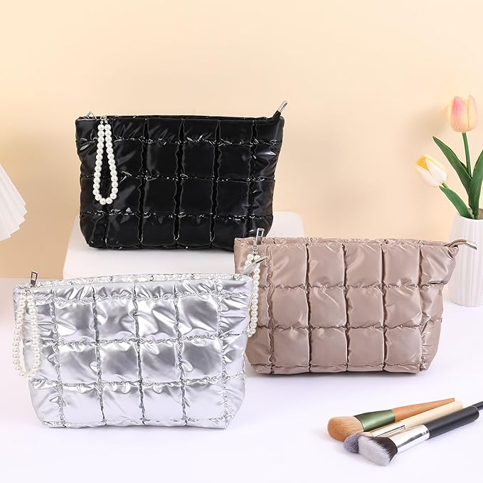 Puffer Quilted Makeup Bag Travel Cosmetic Bag Portable Puffy Checkered Toiletry Pouch Skincare Organizer Purse Pencil Case (Sky Blue)