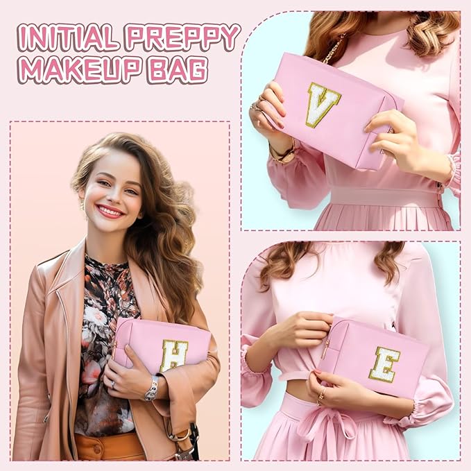 TOPEAST Preppy Small Makeup Bag, Chenille Letter Pouch Cosmetic Bag With Zipper, PU Leather Waterproof Toiletry Bag, Personalized Birthday Gift for Women, Cute Stuff for Girls (Pink D)