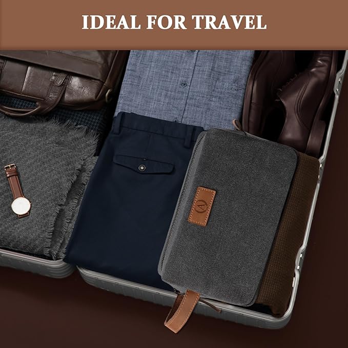 Janhavi Gifts for Husband, Waterproof Canvas Bag with Engraved Initials & Wheat Ear, Makeup Organizer Foldie Travel Bag Expandable, Men's Accessories Organizer, Mens Travel Bag Toiletry (Dark Grey G)