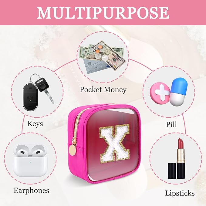 Mini Clear Personalized Initial Makeup Bag, Small Preppy A-Z Chenille Letter Patch Cosmetic Pouch, Transparent PVC & Nylon Waterproof Zip Beach Toiletry Bag,Gift for Women Girls(Hot Pink-White X)