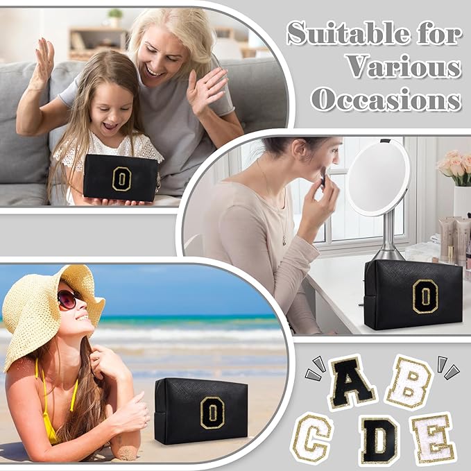 Personalized Initial A-Z Preppy Patch Makeup Bag,Small PU Chenille Letter Cosmetic Bag with Zipper for Teen Girls,Black Cute Toiletry Organizer Bag,Monogram Makeup Case Gift for Women Girls,Letter O