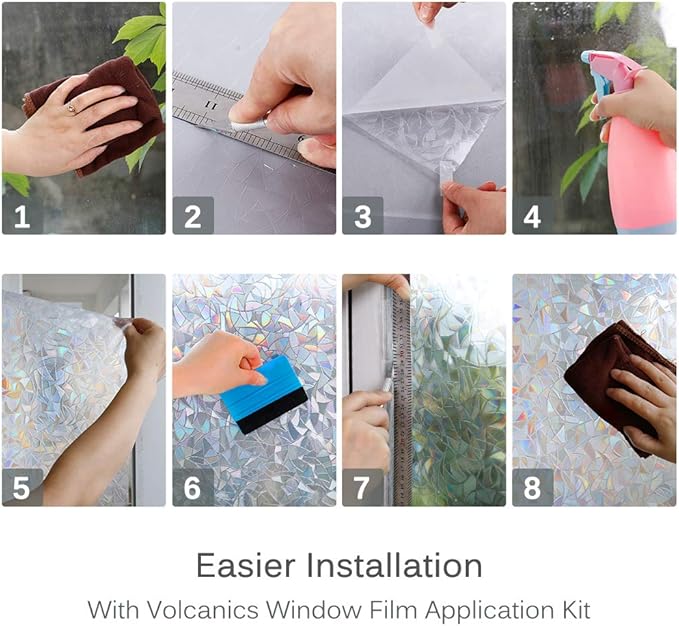 Volcanics Window Privacy Film with Installation Tools, Static Window Clings Vinyl 3D Decals Stickers Rainbow Window Film for Glass Door Home Heat Control Anti UV 23.6 x 157.4 Inches