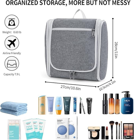 Della Gao Travel Hanging Toiletry Bag for Men and Women, Large Capacity Cosmetics Bag Makeup Bag Organizer, Bathroom Bag, Water-Resistant Nylon, Grey