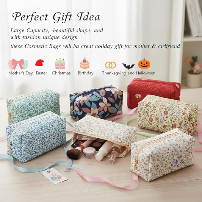 Floral Cotton Makeup Brush Cosmetic Bag for Women, Travel Quilted Zipper Pouch, Large Capacity Flowers Toiletry Organizer, Kawaii Makeup Storage Case, Cosmetic Travel Cloth Bag-Rose Red Floral