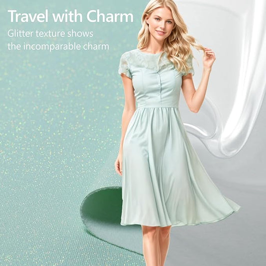 PACKISM TSA Approved Toiletry Bag - Glitter Textured Clear Makeup Bag, Personalized and Fashion, with 180° Large Opening and Supporting Frame, Perfect for Travel Essentials, Thick No Smell, Green