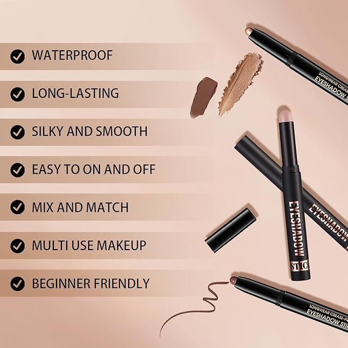 Matte Cream Eyeshadow Stick, Waterproof Eye Shadow Stick, Long-Lasting and Blendable High Pigmented Single Eyeliner Makeup for Women, 24 Black