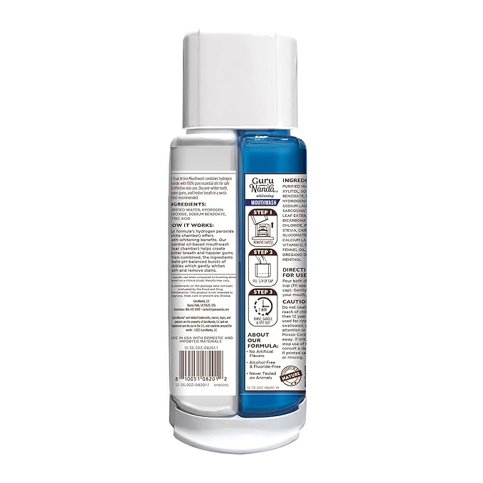 GuruNanda Teeth Whitening Dual Barrel Oxyburst Mouthwash - Alcohol & Fluoride Free, Hydrogen Peroxide to Promote Whiter Teeth - Wild Mint - 20 Fl Oz
