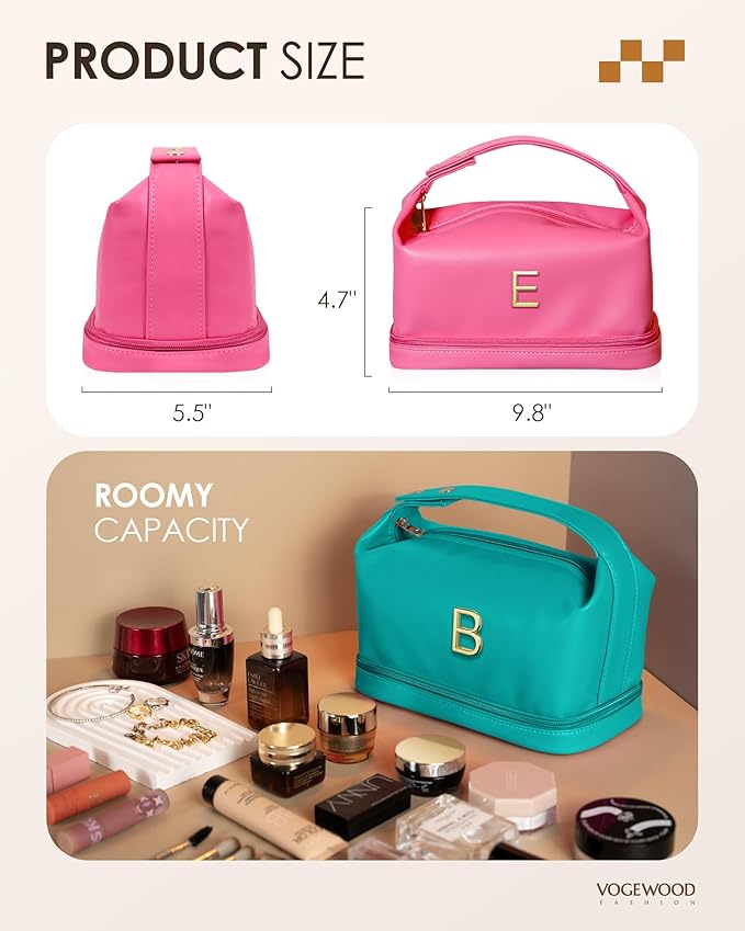 Engagement Gifts for Women, Personalized Makeup Bag with Handle, Initial Double Layer Cosmetic Bag with Makeup Brush Organizer, Cute Cosmetic Pouch for Women, Gifts for Friend Female Mom