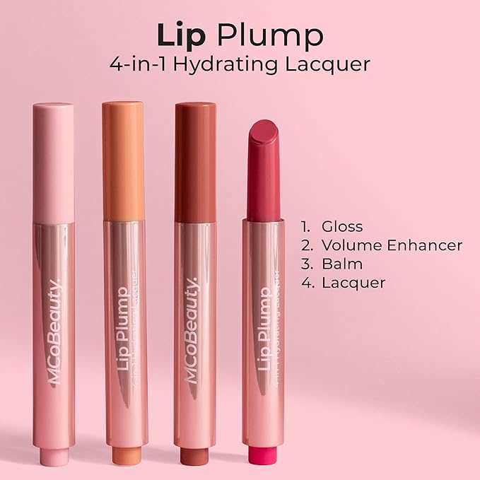 MCoBeauty - Lip Plump 4-in-1 Hydrating Lacquer - Multi-Benefit Lip Color with Shea Butter, Hyaluronic Acid and Click-Pen Format - Luella, Nude Melon Shade - 2.5ml