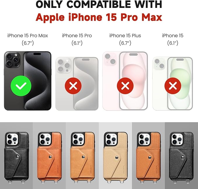 LUCKYCOIN Crossbody Wallet Phone Case for iPhone 15 Pro Max,100% Genuine Leather Wallet Phone Case with Expandable Flip Card Holder,Phone Purse for Women with Adjustable Removable Strap - Pebble Brown