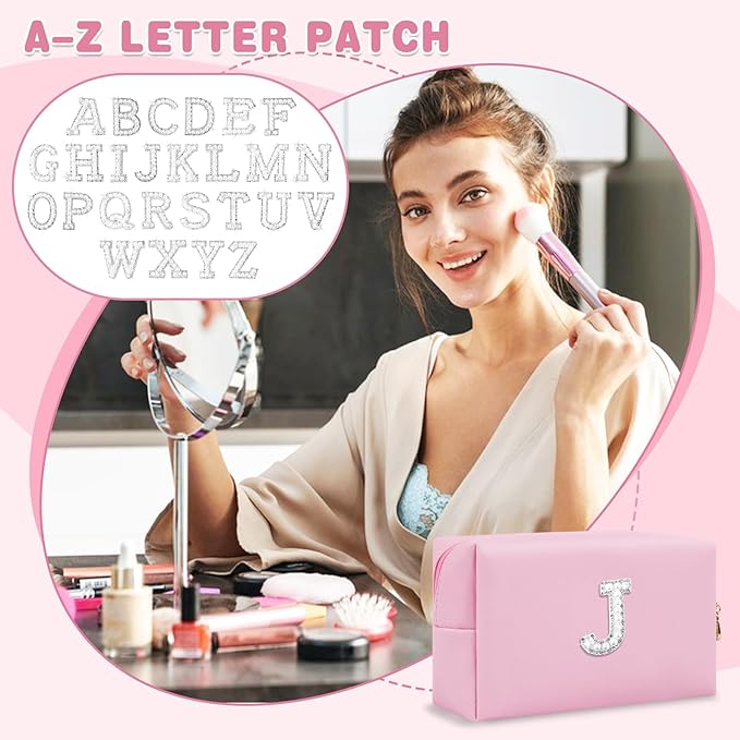 ChaoGreat Bride Gifts – Personalized Initial Makeup Bag with Pearl Rhinestone Patch, Preppy Pink Monogram Cosmetic/Toiletry Pouch, bridesmaid Gifts, Bridal Shower Gifts, Wedding Gifts, Bridal Gifts,J