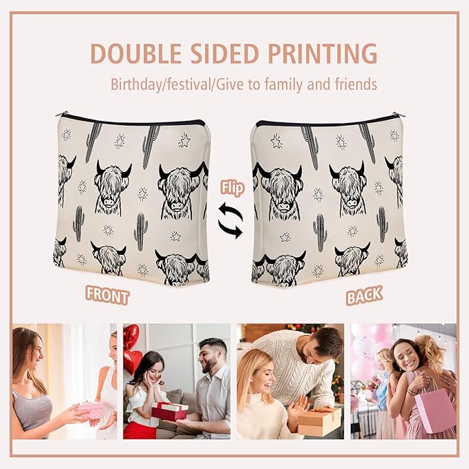 Western Cow Gifts Makeup Bag: Versatile Highland Cow -Themed Cosmetic Bags๏ผPerfect for Teen Girls, Women & Cowgirl Stuff - Ideal Gift for Travel, Parties, Birthdays, Christmas.