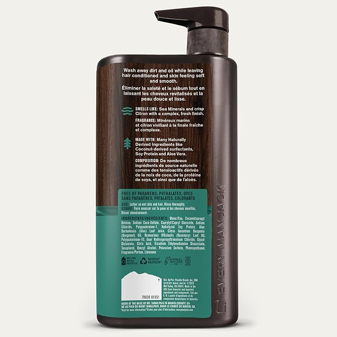 Every Man Jack Sea Minerals + Citron Hydrating Mens 3-in-1 All Over Wash for All Skin and Hair Types - Body Wash, Shampoo and Conditioner with Naturally Derived Ingredients - 28.8oz (2 Pack)