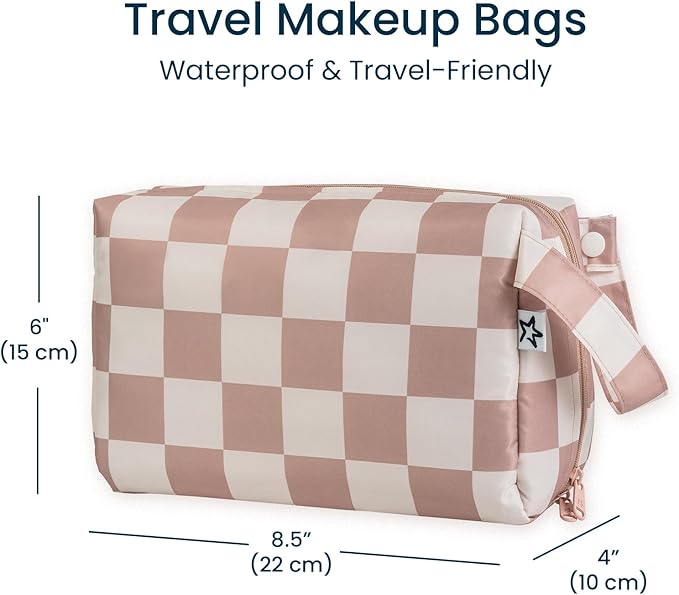 Tiny Twinkle Waterproof Travel Toiletry & Makeup Bag Organizer | Large Capacity Cosmetic Case with Compartments & Handle, A Thoughtful Travel Companion for Women(Beige Checkers