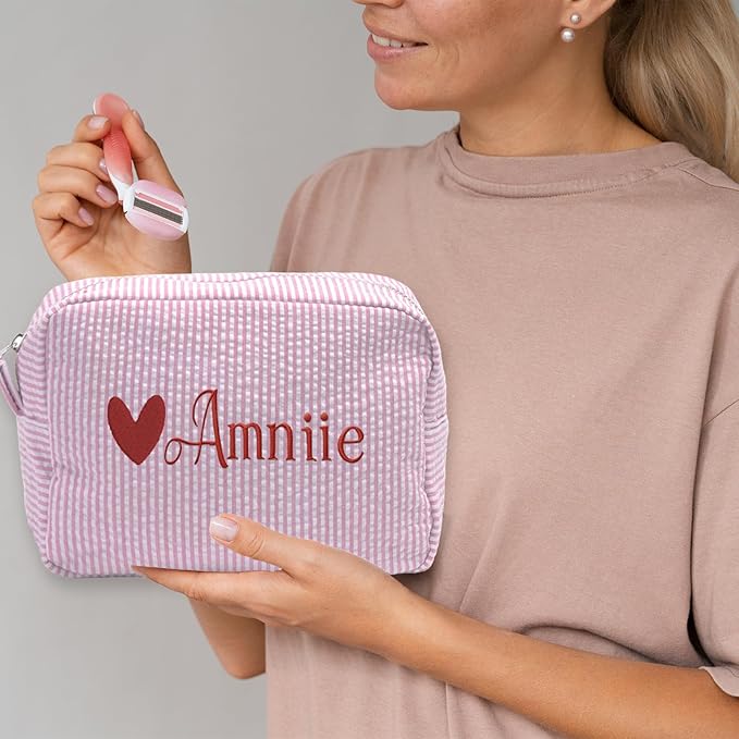 Custom Makeup Bag Personalized Cosmetic Bag Cute Seersucker Travel Toiletry Bag for Women Embroidered Bag Organizer for Bride Makeup Bag Gift Balck