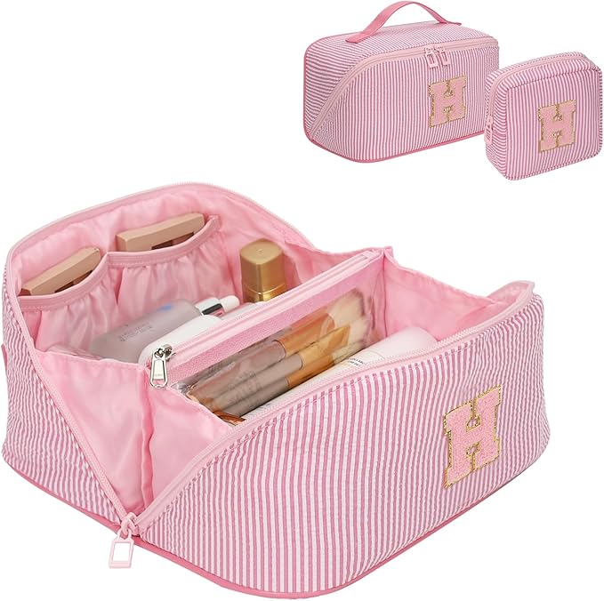 Travel Makeup Bag for Women, 2Pcs Portable Personalized Initial Makeup Organizer Bag, Open Flat Large Cosmetic Bag With Travel Essential Pouch (Pink Letter H)