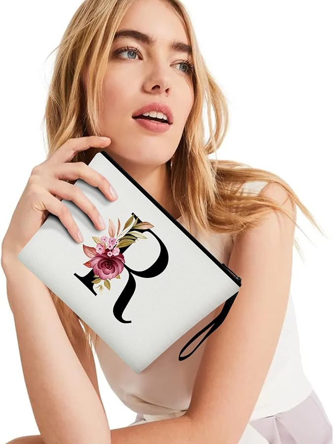 Vavabox A-Z Personalized Makeup Bag, Birthday Gifts for Women Mom, Gifts for Best Friend, Bride Bridesmaid Cosmetic bag (R, White)