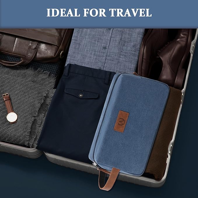 Janhavi Gifts for Husband, Waterproof Canvas Bag with Engraved Initials & Wheat Ear, Makeup Organizer Foldie Travel Bag Expandable, Men's Accessories Organizer, Mens Travel Bag Toiletry (Blue G)