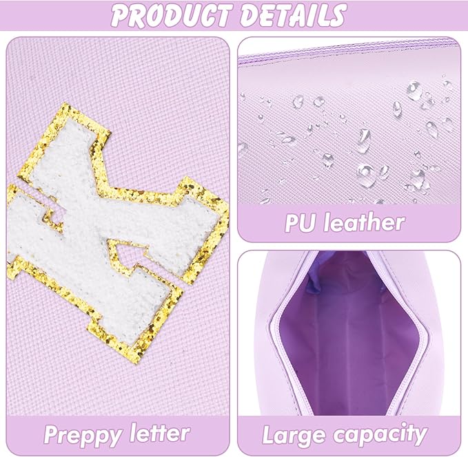 Gifts for Girls Initial Makeup Bag Personalized Cosmetic Bag with Zipper Cute Travel Toiletry Bag Waterproof PU Preppy Makeup Pouch Birthday Gift for Teen Girls Women(Purple K)